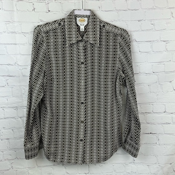 Talbots Shirt Women's Size 10 Brown/Cream 100% Pure Silk Button Up Long Sleeve - Picture 1 of 9